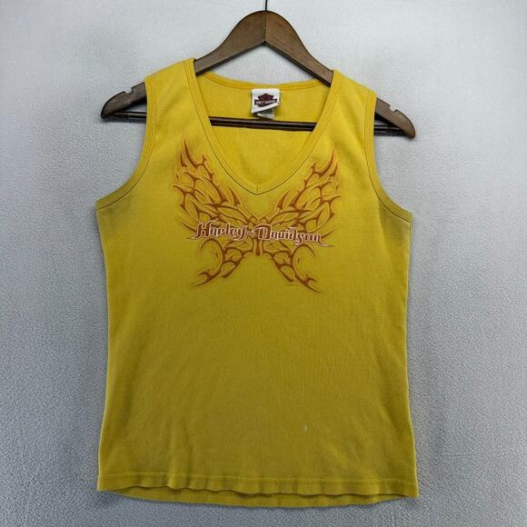 Vintage Harley Davidson Tank Women's XL Yellow Flames Graphic USA Made y2k Biker - Picture 2 of 10